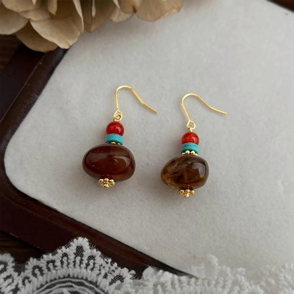 Vintage Maillard Style Handmade Teardrop Drop Earrings With Copper, Red Agate And Turquoise Resin