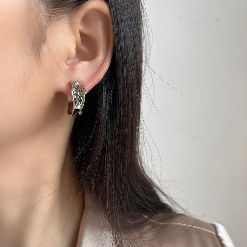 Irregular Crumpled Silver Alloy Hoop With Spiral Disc Stud & Clip On No Piercing Earrings