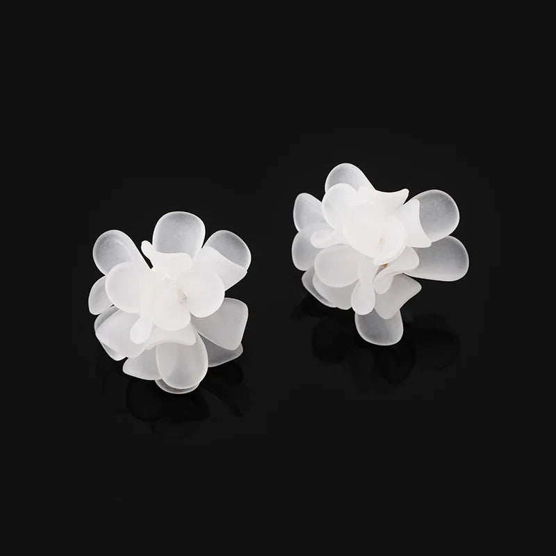 Elegant White Acrylic 3D Flower Petal Stud & Clip On No Piercing French Bridal Statement Earrings