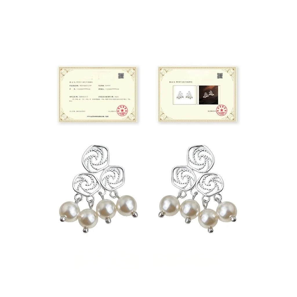 Auspicious Cloud Geometric Hollow Copper Glass Pearl Drop Earrings