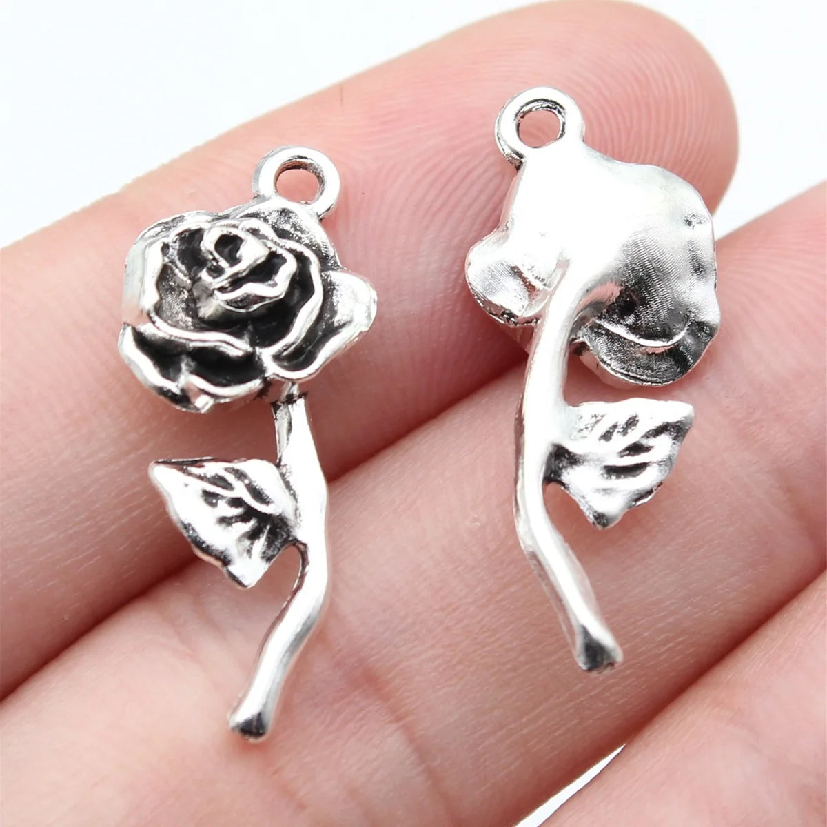 26x10mm 1.7g Antique Silver Finish Zinc Alloy Rose Flower Charm Pendant for Bracelet Necklace DIY
