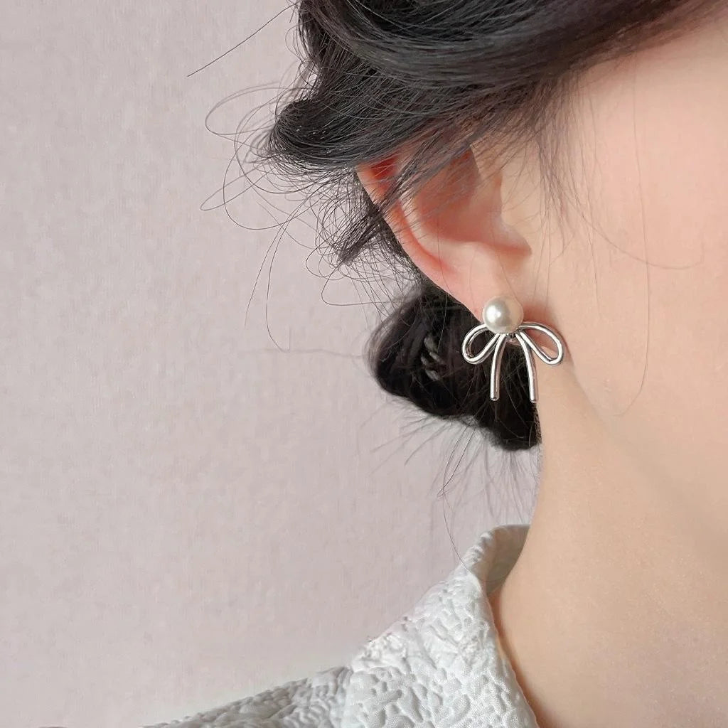Two Way Glass Pearl Bow Drop Earrings With Copper Alloy, Versatile Commuter Jewelry