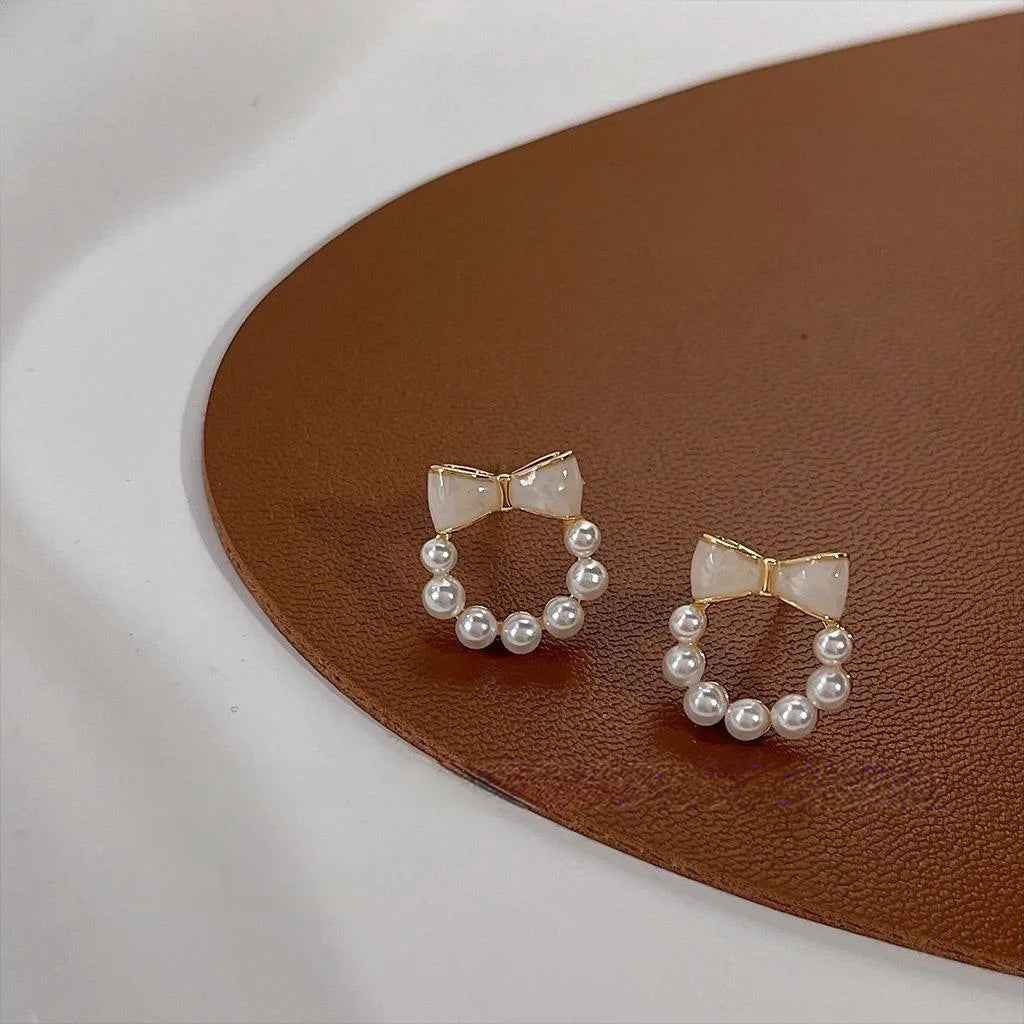 Cute 14K Plated Copper Enamel Bow Pearl Stud Earrings