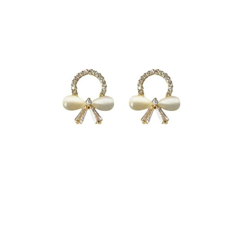 Sweet Korean Style 14K Plated Copper Bow Stud Earrings With Micro Pave Zircon Glass Cat Eye
