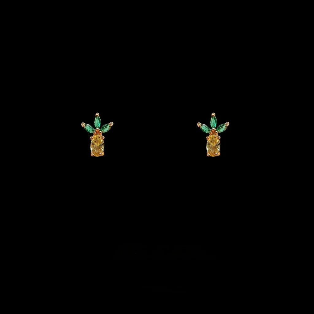 Fresh Sweet Copper Micro Pave Zircon Pineapple Mini Stud Earrings Cute Fruit Jewelry