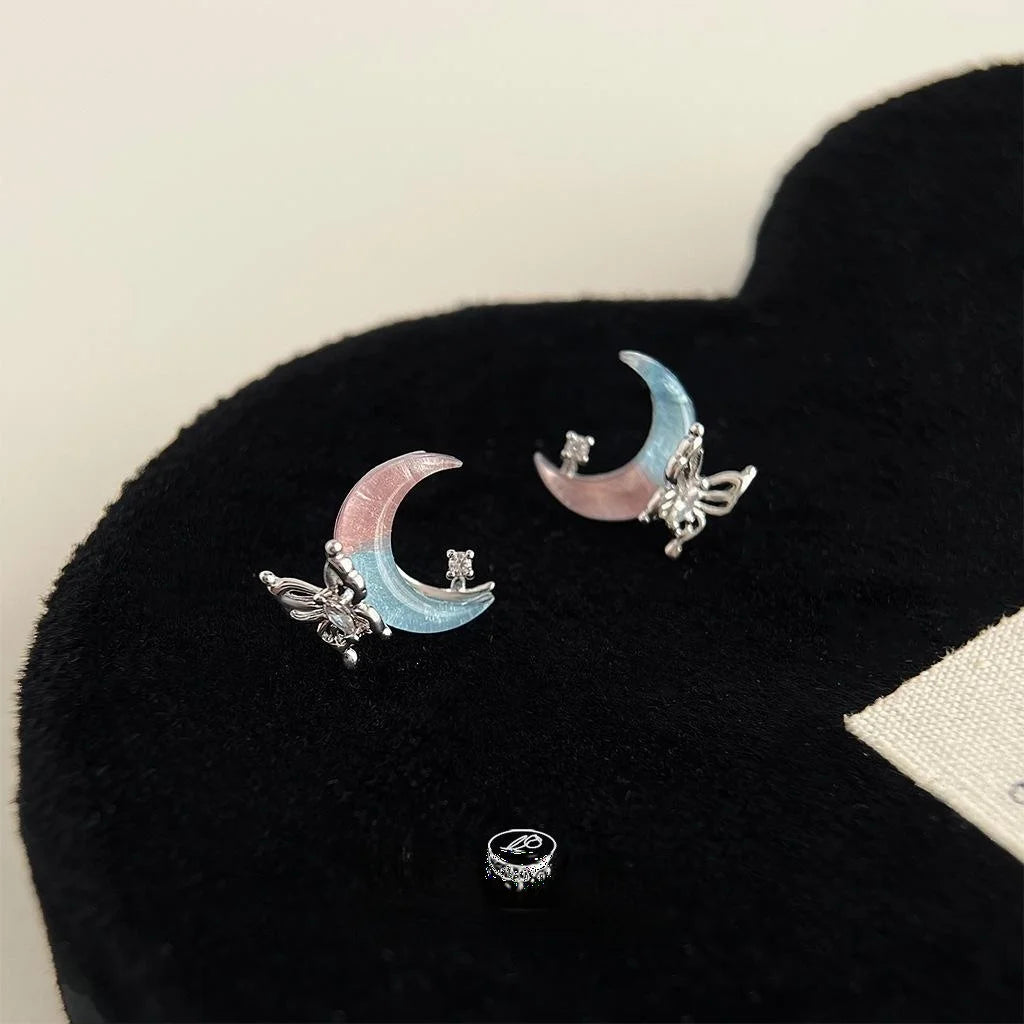 Sweet Cool Copper Moon And Liquid Butterfly Stud Earrings, Niche Designer Trendy Jewelry