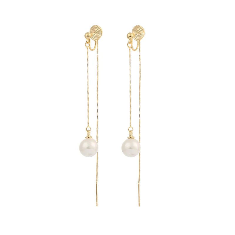 Elegant Long Pearl Threader Tassel Chain Stud & Clip On No Piercing Face Slimming Drop Earrings