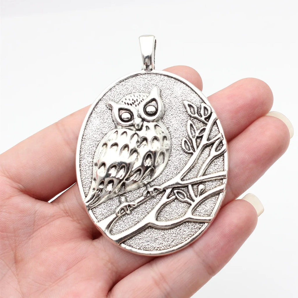 69x47mm 20.5g Antique Silver Zinc Alloy Oval Owl Cat Round Charm Pendant for DIY Necklace Jewelry Making