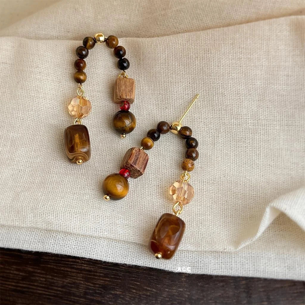 Maillard Style Handmade Copper Tiger Eye Rosewood Glass Crystal Geometric Drop Earrings