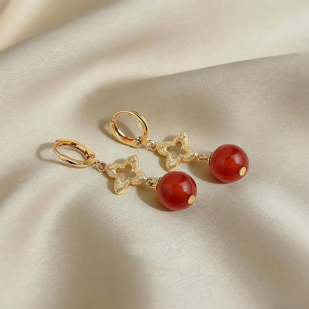 Vintage Palace Style Red Agate Zircon Copper Geometric Round Drop Earrings