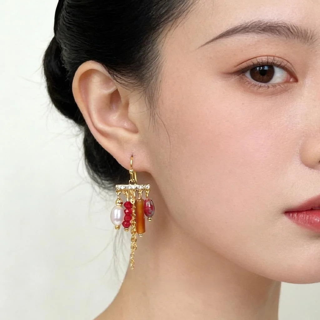 Bohemian Ethnic Handmade Copper Drop Earrings with Zircon Tassel, Freshwater Pearl and Natural Stone