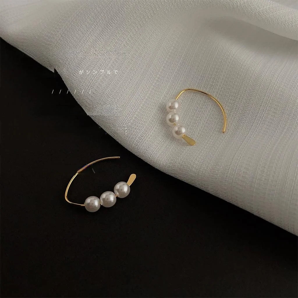 14K Gold Plated Copper Geometric Hoop Pearl Drop Earrings Light Luxury Minimalist Style