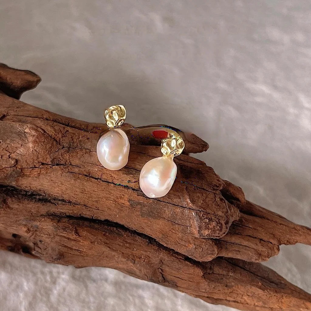Baroque Irregular Freshwater Pearl Stud Earrings 14K Gold Plated Minimalist Jewelry