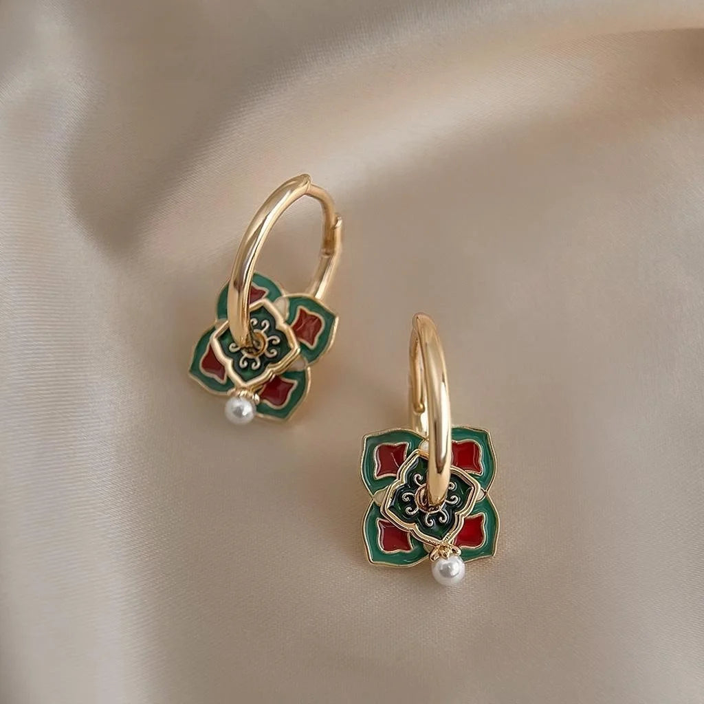 New Chinese Ethnic Octagon Enamel Pearl Stud Earrings Geometric Electroplated Jewelry