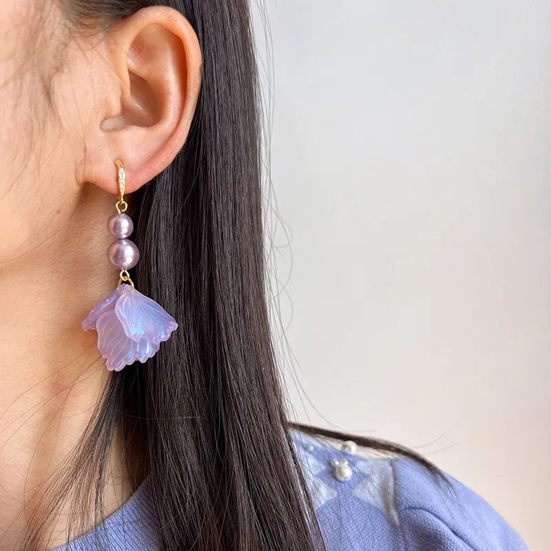 Elegant Handmade Purple Flower Petal Pearl Tassel Alloy Stud & Clip On No Piercing Drop Earrings