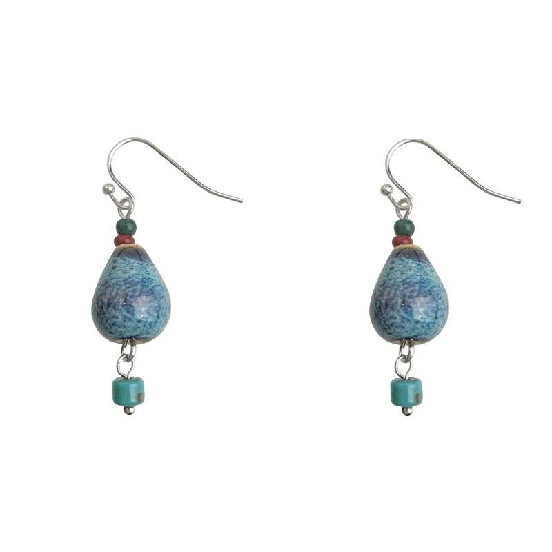 Handmade Ceramic Gourd Drop Earrings Vintage Chinese Style Geometric Round Waterdrop Jewelry