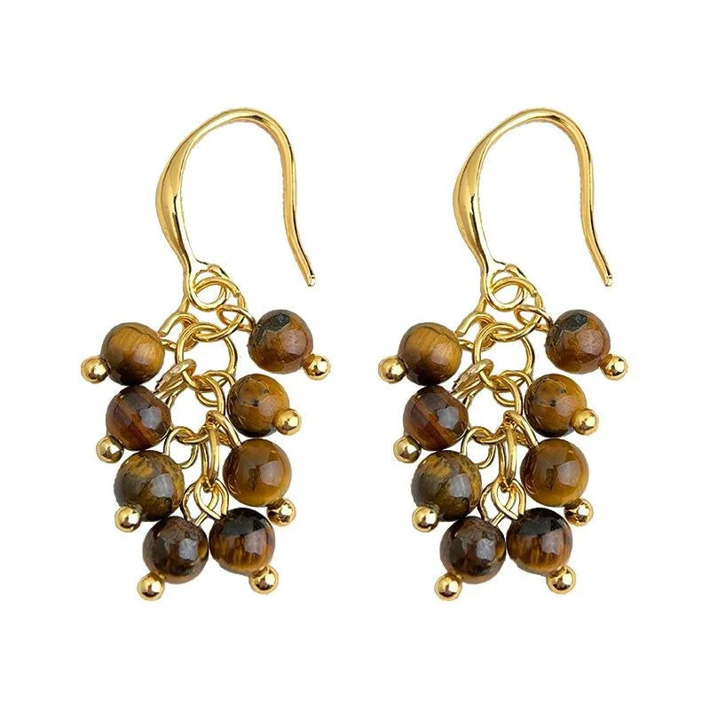 Handmade Vintage Maillard Copper Tiger Eye Stone Grape Cluster Tassel Drop Earrings
