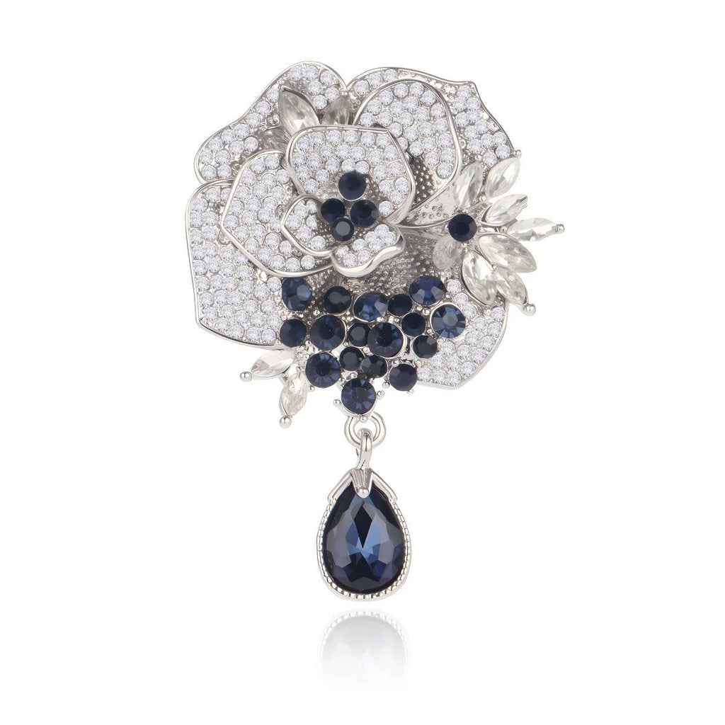 Luxury Rhinestone Rose Flower Brooch With Blue Teardrop Pendant, Alloy Zircon Lapel Pin Corsage Gift