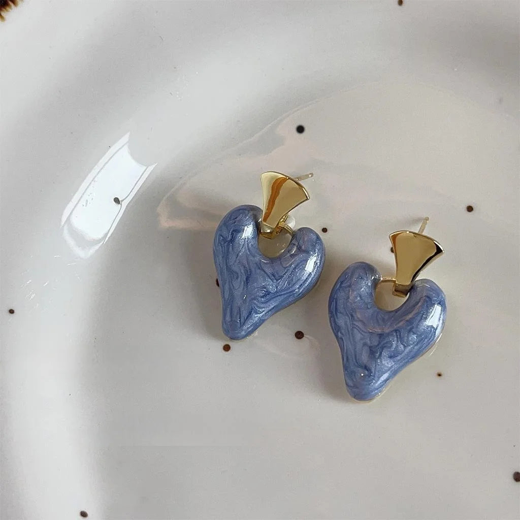 French Vintage 14K Gold Plated Enamel Heart Stud Earrings Sweet Minimalist Alloy Jewelry