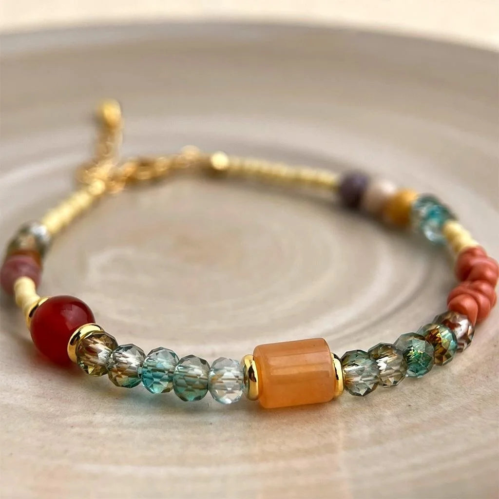 New Chinese Style Natural Stone Glass Crystal Handmade Colorful Geometric Bracelet