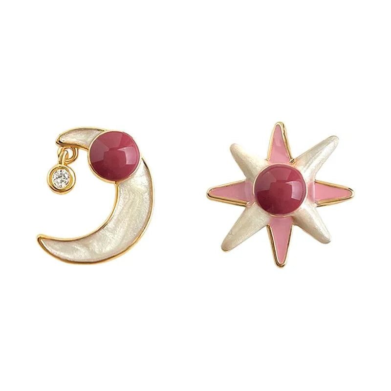 Asymmetric Eight Point Star Moon Stud Earrings Copper Enamel Silver Plated Pin Preppy Style
