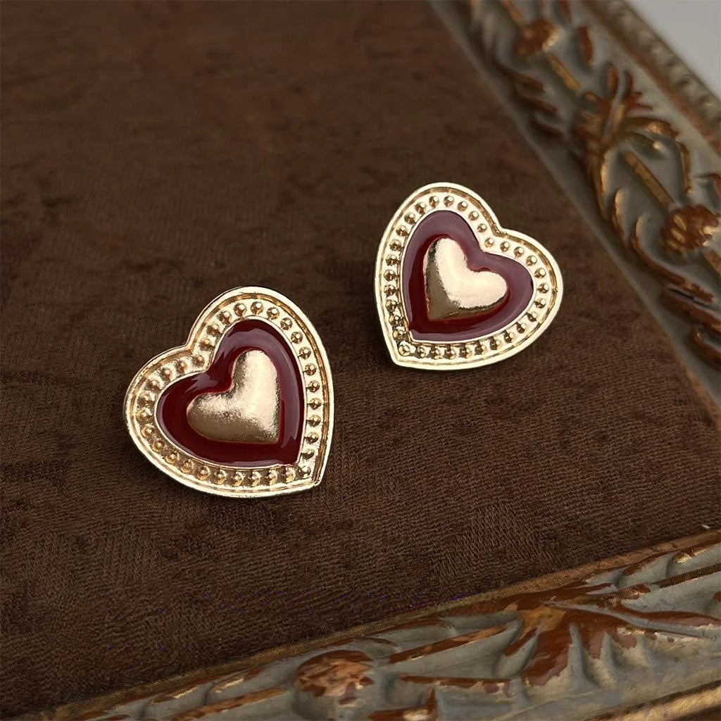 Vintage Burgundy Enamel Heart Stud Earrings 14K Plated Alloy Palace Style