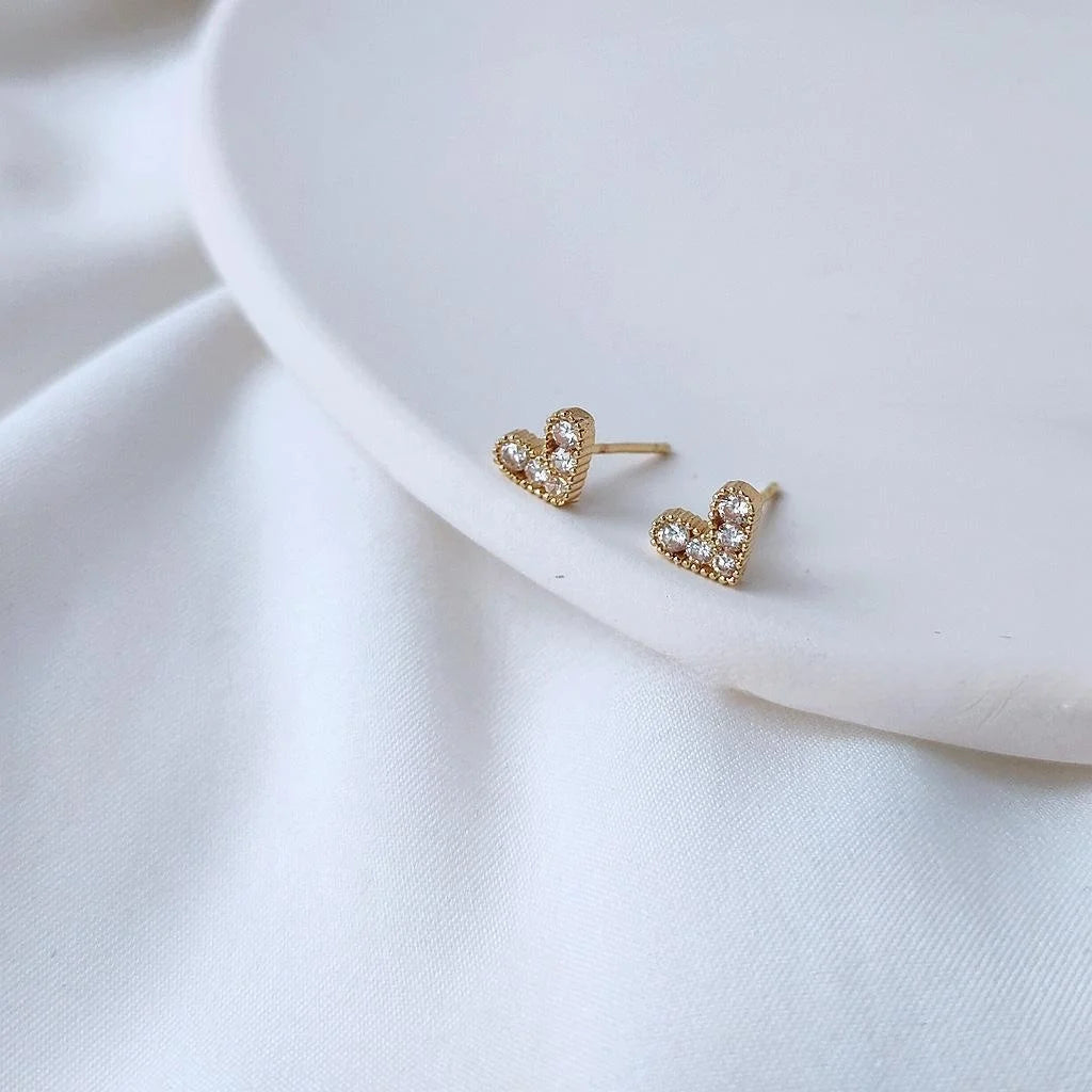 14K Gold Plated Mini Heart Zircon Micro Pave Stud Earrings Korean Style