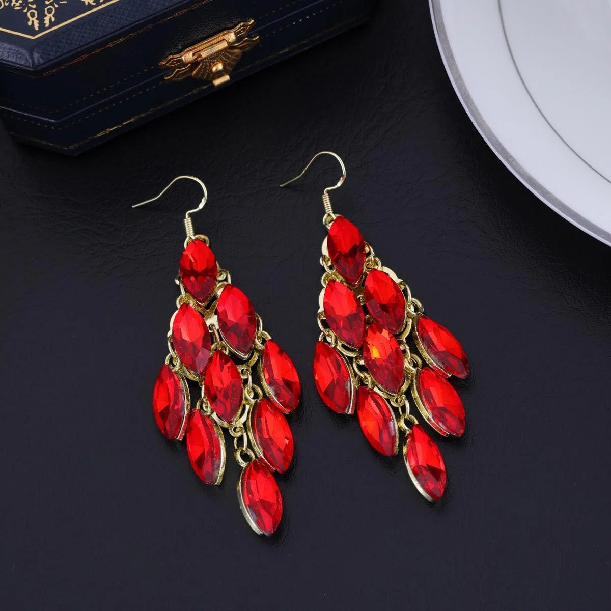 Luxury Emerald Green Marquise Crystal Tassel Chandelier Earrings, Gold Alloy Bridal Drops For Wedding Party