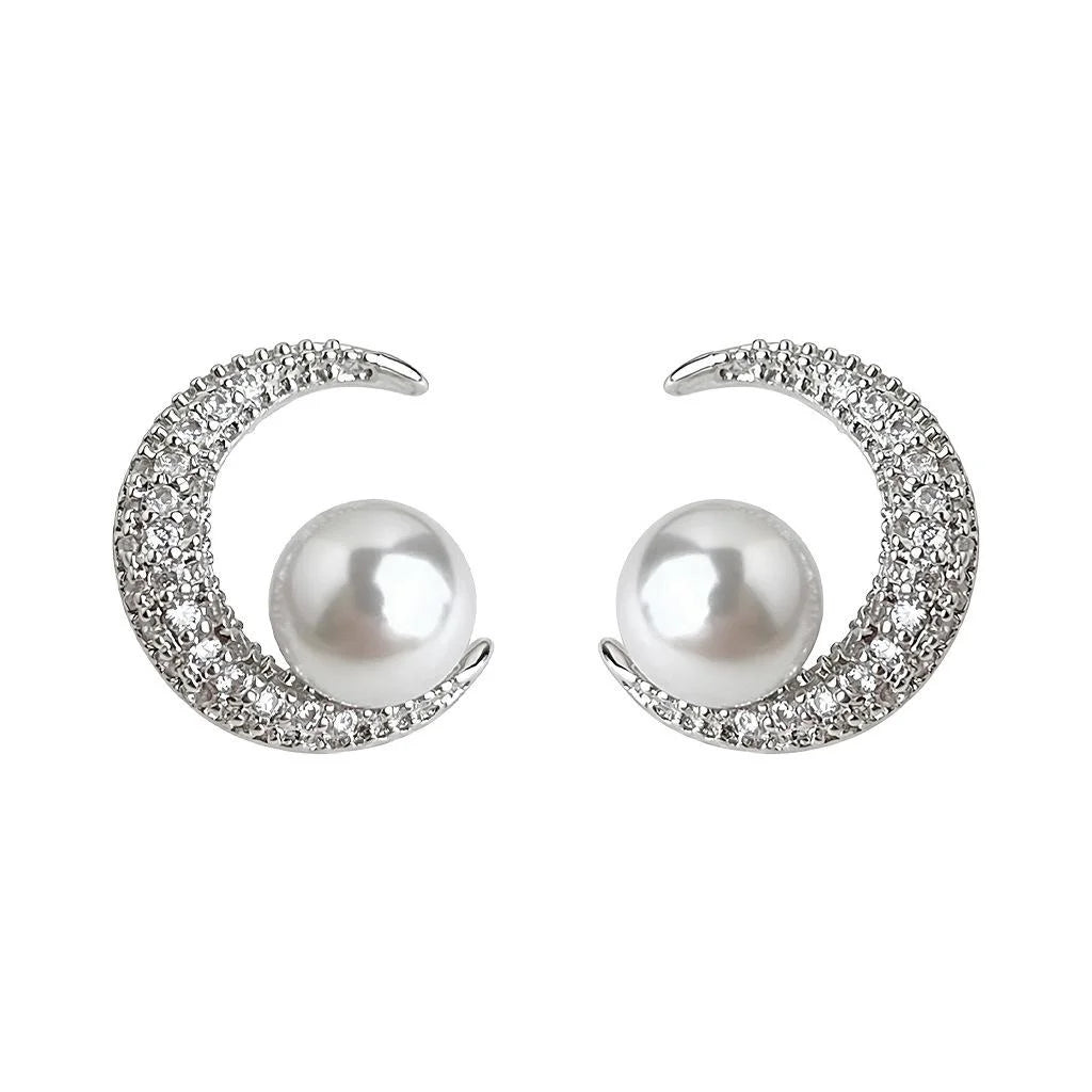 Copper Pearl Moon Stud Earrings Micro Pave Zircon Geometric Light Luxury Fashion Jewelry