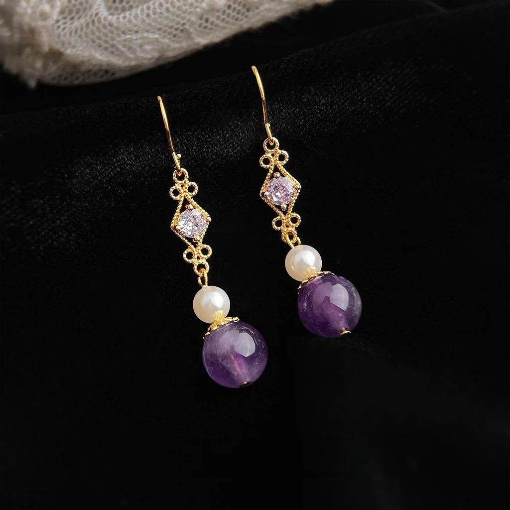 Vintage Palace Style Geometric Amethyst Zircon Pearl Copper Drop Earrings
