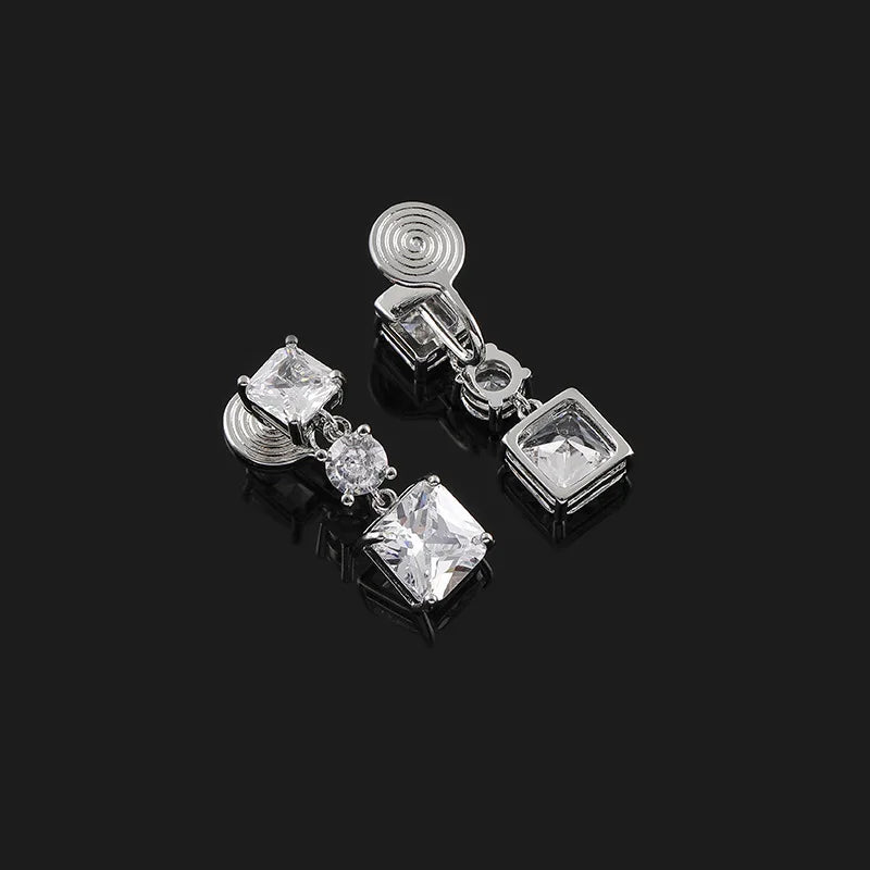 Luxury Princess Cut Square Zircon Crystal Geometric Drop Stud & Clip On No Piercing Long Dangle Earrings
