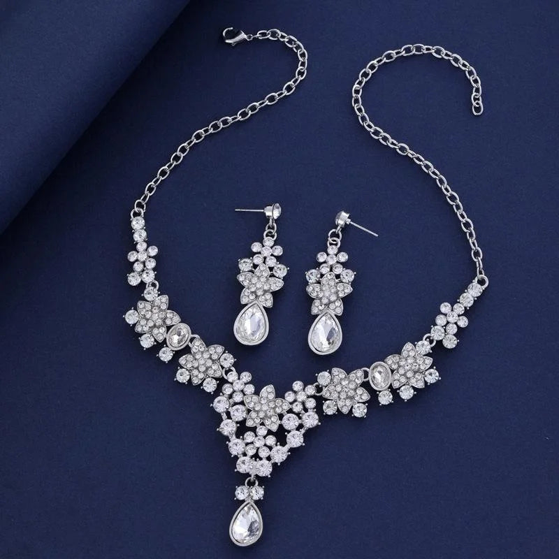 Luxury Bridal Rhinestone Flower Drop Earrings And Necklace Jewelry Set For Wedding Banquet Gift