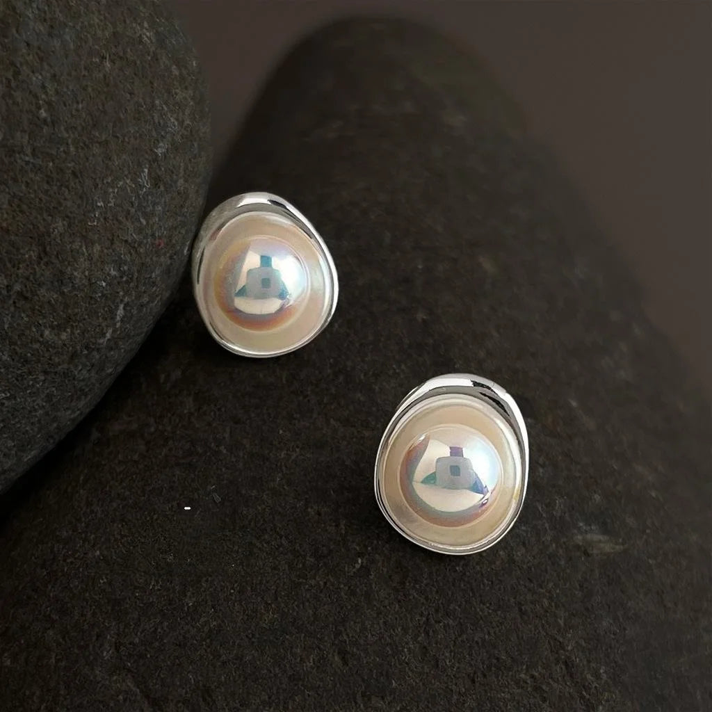 Light Luxury Geometric Pearl Stud Earrings For Women, Copper Round Oval Elegant Jewelry