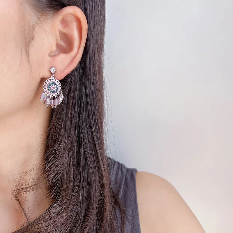 Elegant Vintage Purple Crystal Beaded Dreamcatcher Tassel Alloy Stud & Clip On No Piercing Earrings