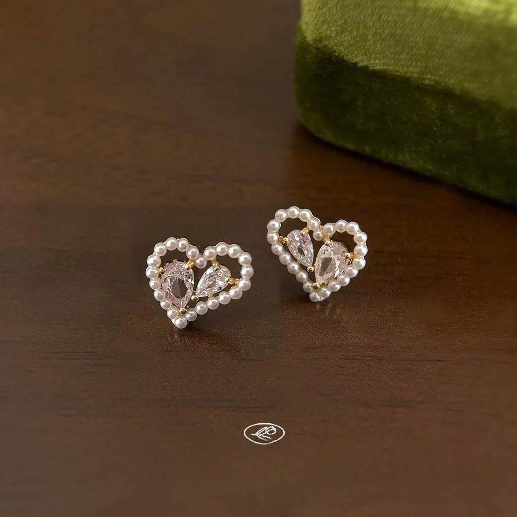 French Minimalist Heart Teardrop Zircon Stud Earrings Sweet Korean Style Copper