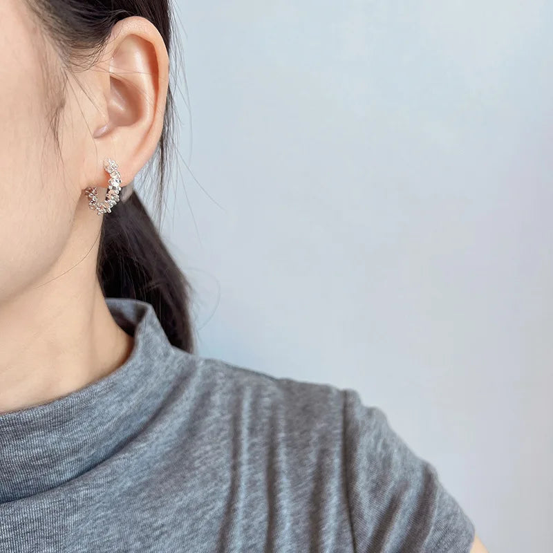 Elegant Silver Alloy Sparkle Textured Hoop Stud & Clip On No Piercing Daily Minimalist Earrings
