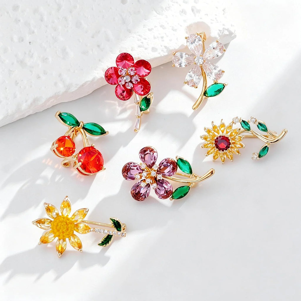 Luxury Rhinestone Flower Sunflower Cherry Brooch, Gold Alloy Lapel Pin Corsage Suit Accessory Gift