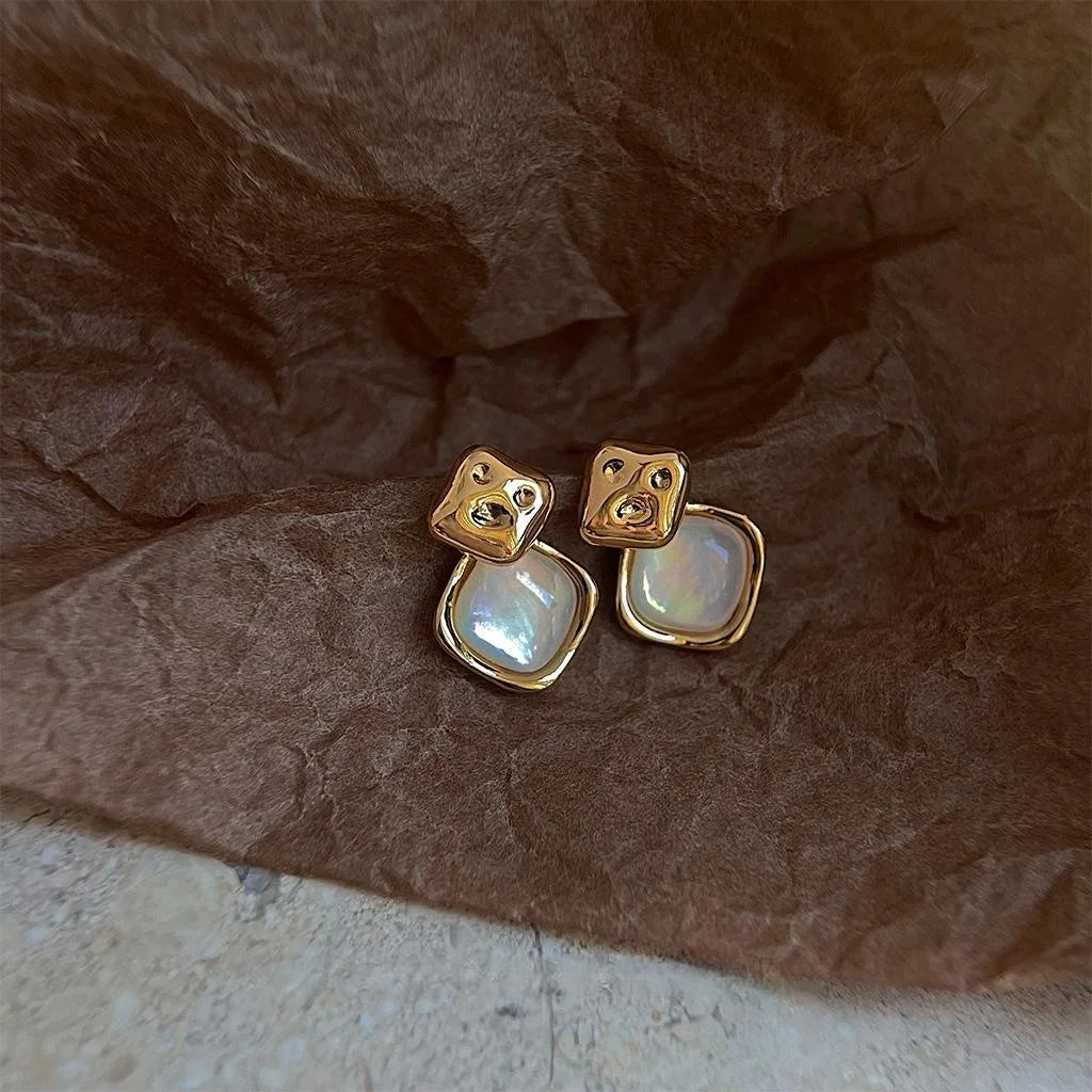 French Vintage Genuine Shell Geometric Square Copper Stud Earrings For Women