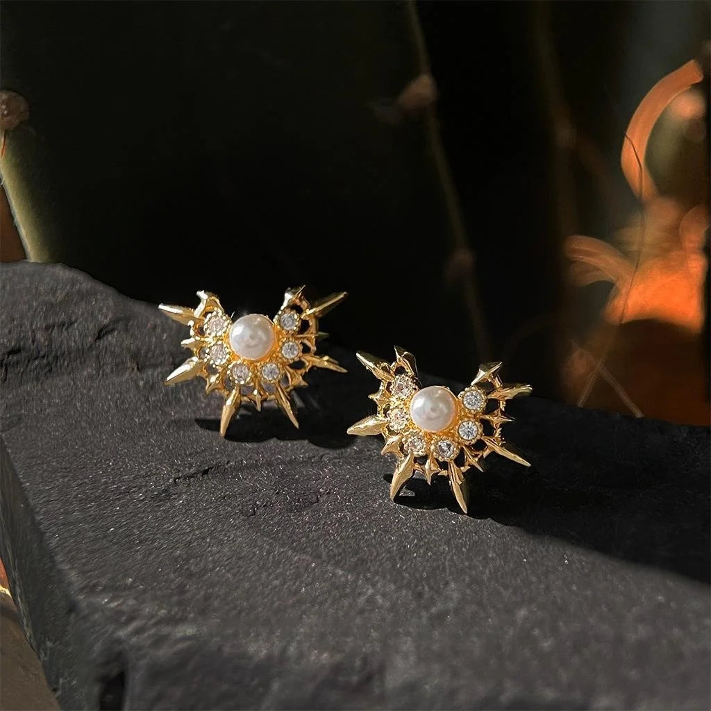 Designer Micro Pave Zircon Sun Star Stud Earrings 14K Plated Copper Luxury Style