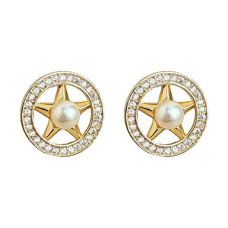 Luxury 14K Plated Copper Zircon Pearl Star Round Geometric Stud Earrings