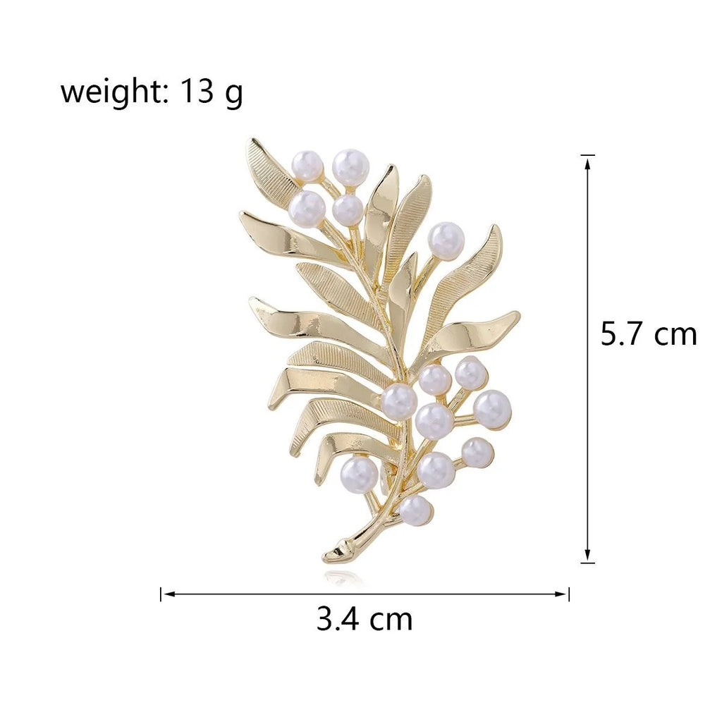 Elegant Gold Alloy Pearl Wheat Leaf Brooch, Botanical Branch Lapel Pin Corsage For Suit Accessory Gift
