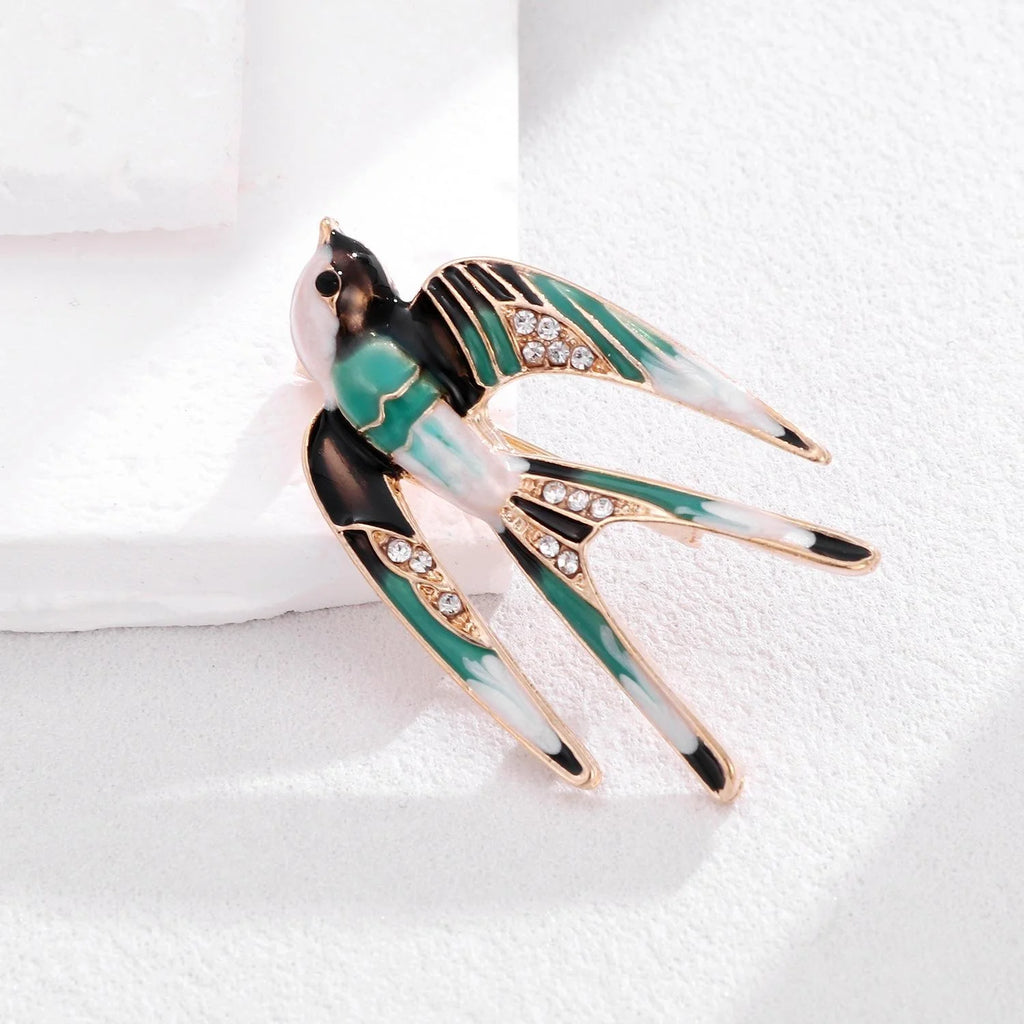 Elegant Enamel Swallow Bird Brooch With Rhinestone Accents, Gold Tone Alloy Lapel Pin Corsage Gift