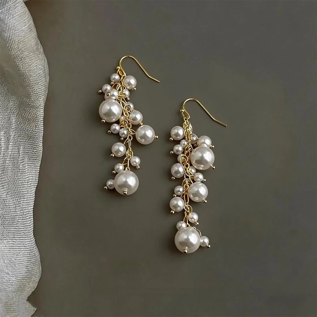 Light Luxury Handmade Geometric Glass Pearl Tassel Drop Earrings for Women