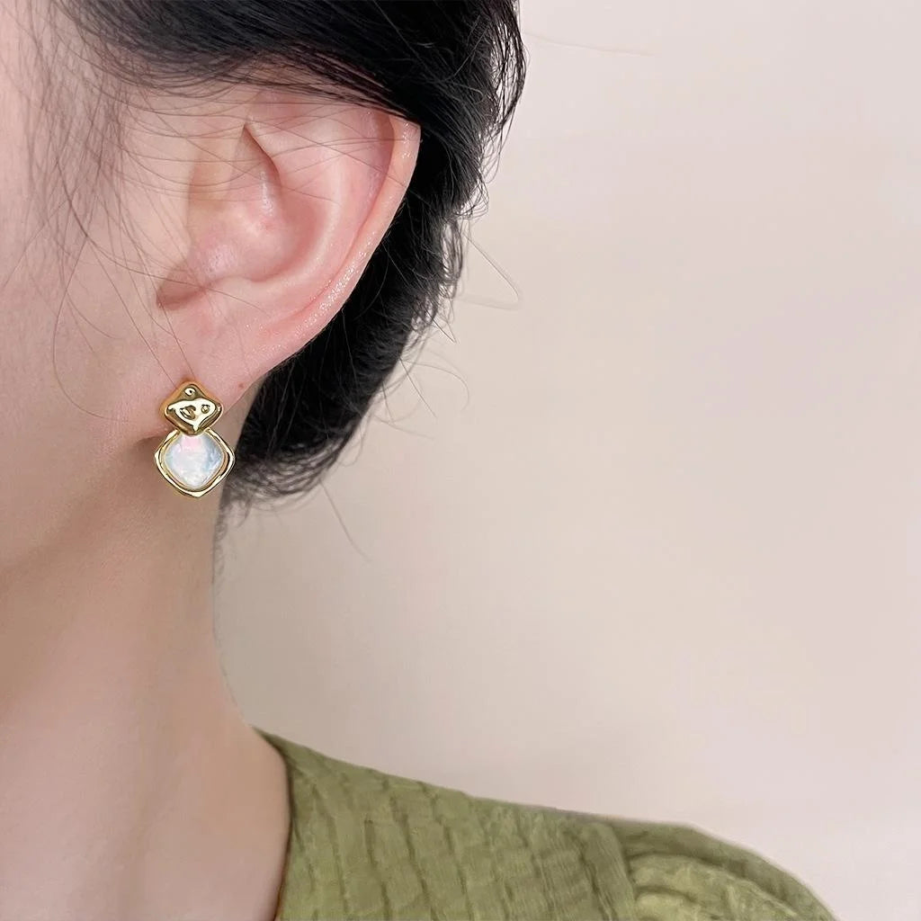 French Vintage Genuine Shell Geometric Square Copper Stud Earrings For Women