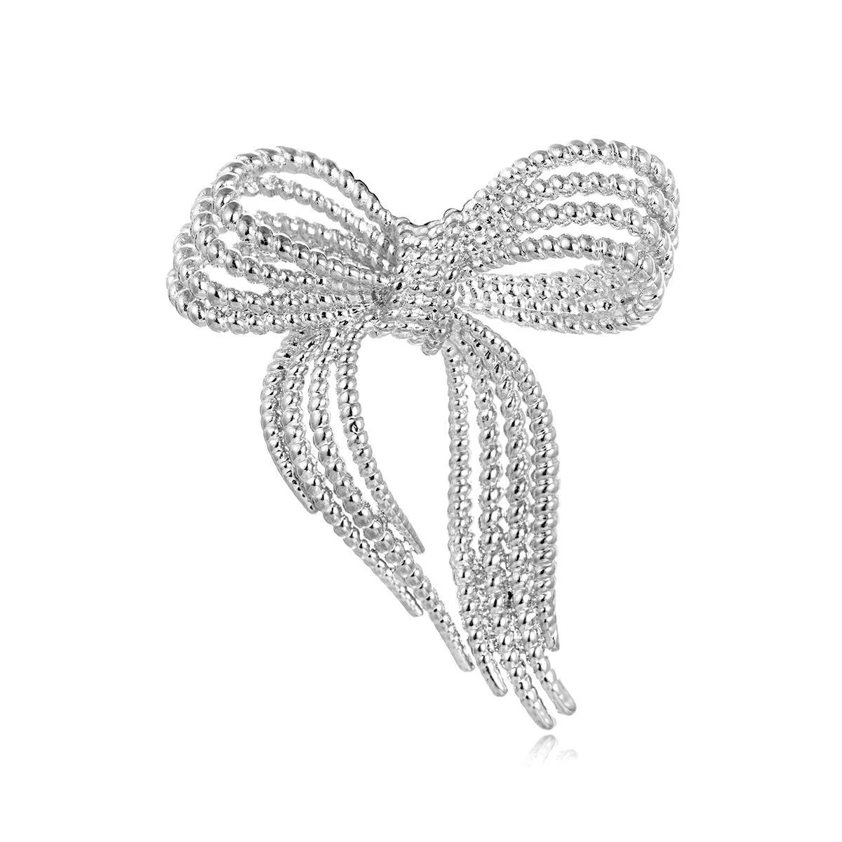 Elegant Silver Alloy Bow Brooch For Women, Beaded Fashion Lapel Pin Corsage Suit Accessory Gift