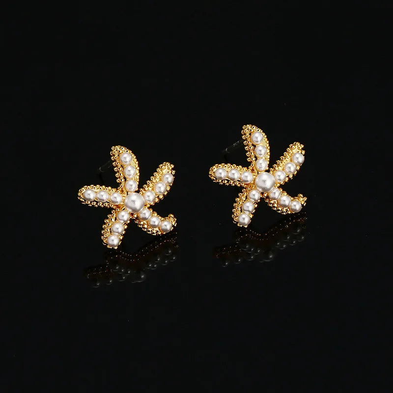 Elegant Gold Alloy Pearl Starfish Ocean Stud & Clip On No Piercing Women's Fashion Earrings