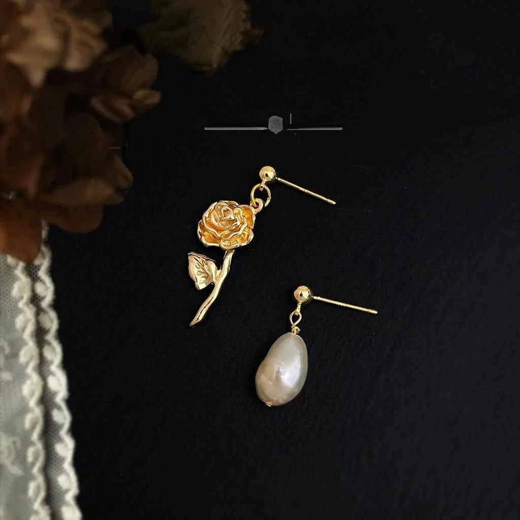 Baroque Freshwater Pearl Rose Flower Stud Earrings, Asymmetric French Vintage Copper