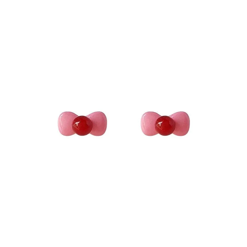 Cute Pink Enamel Bow Stud Earrings Silver Plated Pin Metal Sweet Jewelry