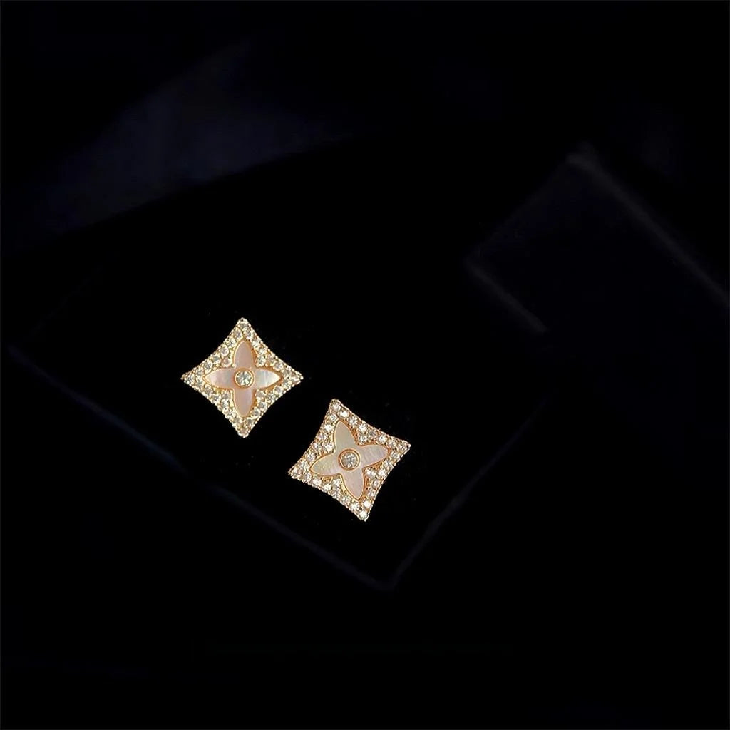 14K Gold Plated Copper Micro Pave Zircon Real Shell Geometric Square Luxury Stud Earrings