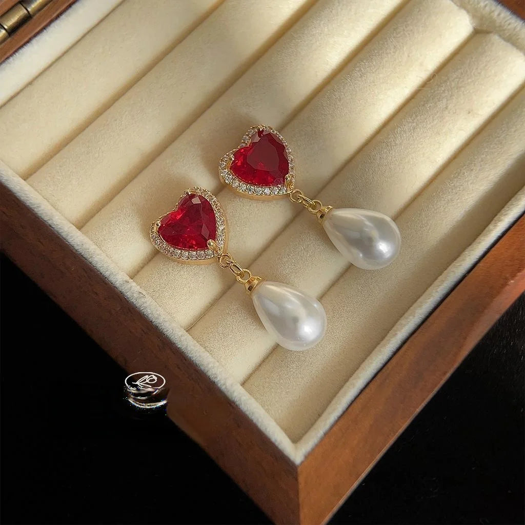 French Vintage Copper Drop Earrings Micro Pave Zircon Burgundy Heart Teardrop Pearl